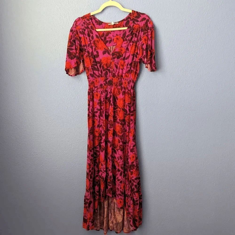Abel the Label Dress Hi/Low Smocked Flutter Sleeve Red Pink Black Floral XSmall